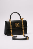Borsa elegante in pelle nera Off-White con dettagli metallici dorati.