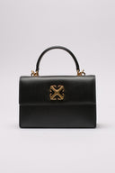 Borsa elegante in pelle nera Off-White con dettagli metallici dorati.