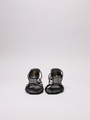 Sandali Saint Laurent in pelle nera con fascette sottili e tacco a logo.